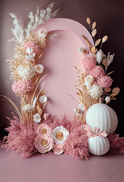 Rosafarbener Studiohintergrund mit getrockneten Blumen