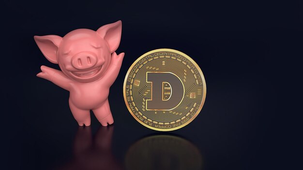 Rosafarbenes Schwein mit Cryptocurrency-Doge-Münze