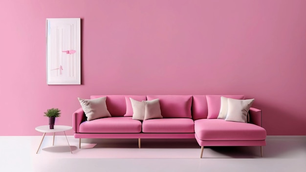 Rosafarbenes Wohnzimmer mit trendigem Sofa im minimalistischen Design-Ideenstil in Pastelltönen