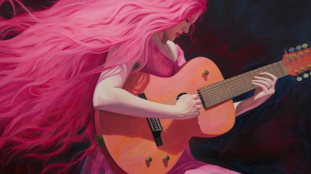Rosahaarige Frau, die Gitarre spielt, wurde von der KI generiert