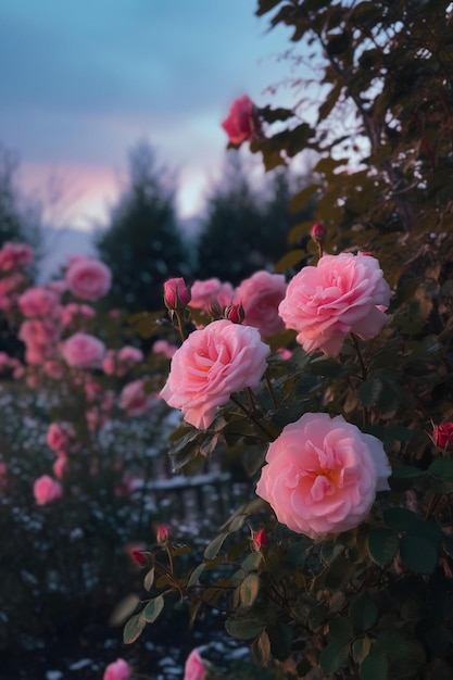 Un rosal rosa con una flor rosa en el fondo.