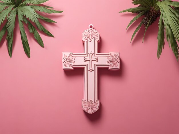 Foto rosario en un fondo rosado cruz cristiana