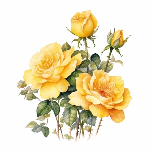 Rosas amarelas são mostradas em uma pintura a aquarela em um fundo branco