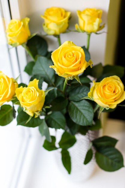 Rosas amarillas en el alféizar de la ventana Felicitaciones por las vacaciones