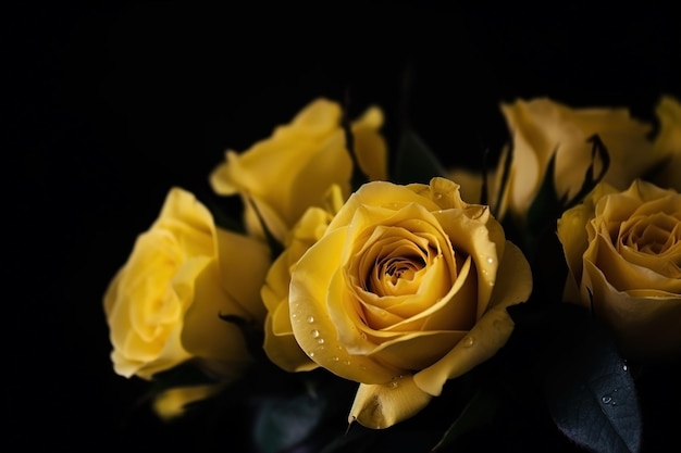 Rosas amarillas fondo romántico temperamental oscuro Fondo de tarjeta de flores de primer plano Ai generado