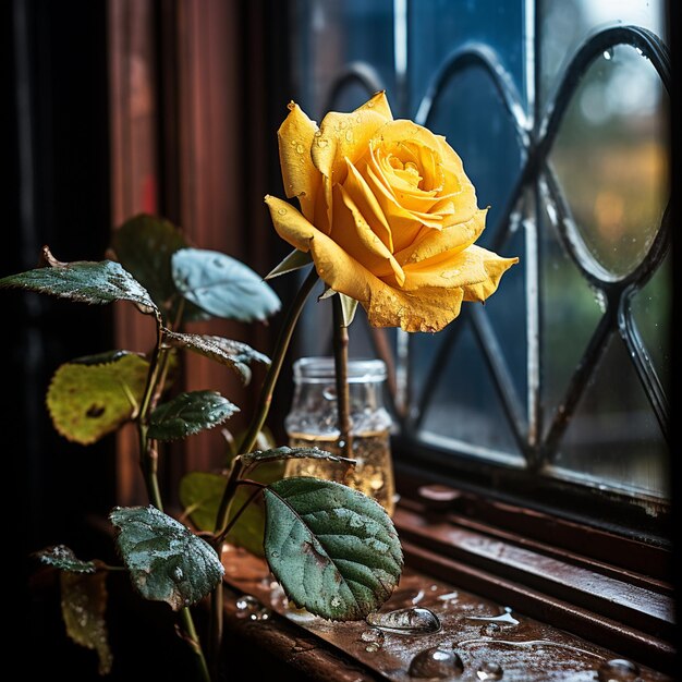 Rosas amarillas frescas floreciendo en el borde húmedo de la ventana