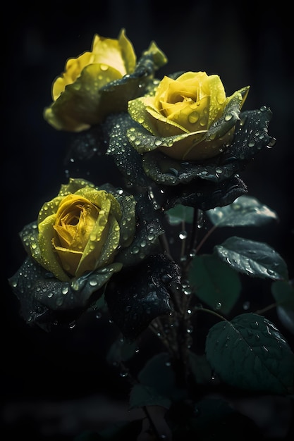 rosas amarillas bajo la lluvia