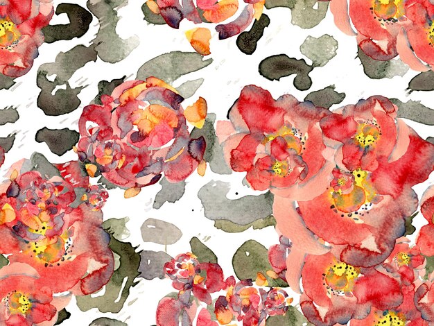 Rosas aquarela, peônia e folhas padrão sem costura. Design de roupas de banho exóticas. Ilustração Floral Botânica. Rapport Eco Peônia Vintage. Fundo verde-azulado e vermelho da flor do verão.