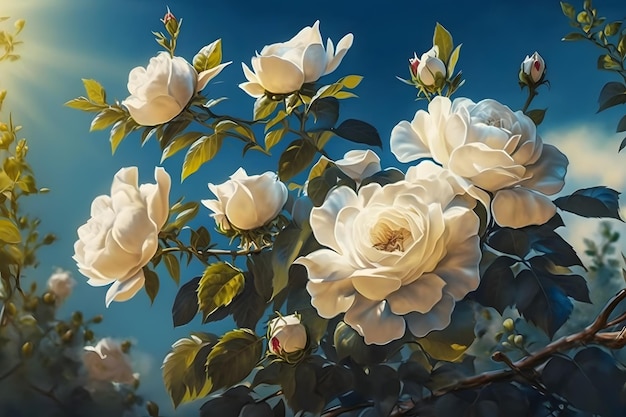 Rosas de arbusto blanco sobre un fondo de cielo azul a la luz del sol. Hermosa espalda floral de primavera o verano.