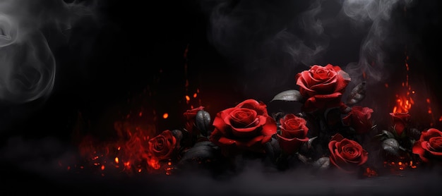 Rosas ardentes com fumaça em fundo escuro