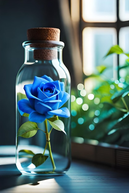 Rosas azuis em uma garrafa