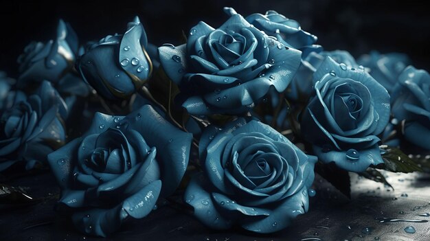rosas azules bajo la lluvia