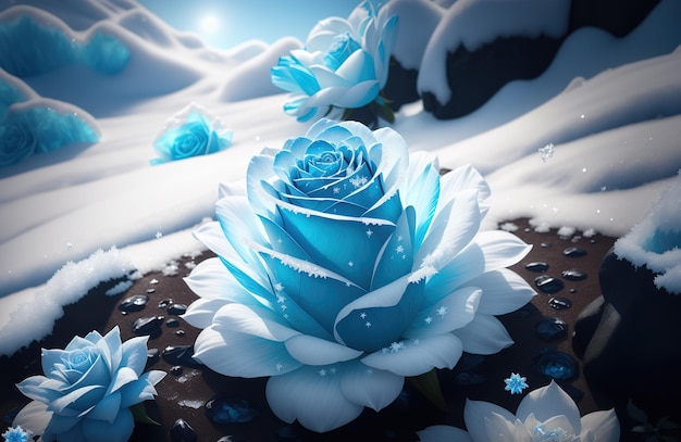 rosas azules en la nieve