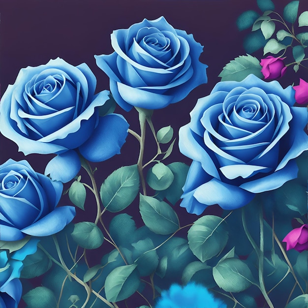 Rosas azules Ornamento para diseño de telas y envases IA generativa Estilo de cuento de hadas