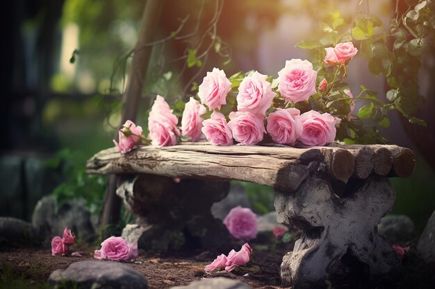 Rosas en un banco de madera rústico en un jardín