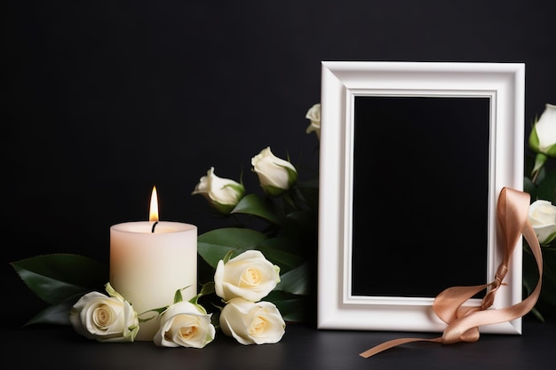 Rosas blancas con cinta y marco fotográfico sobre fondo negro Concepto funerario