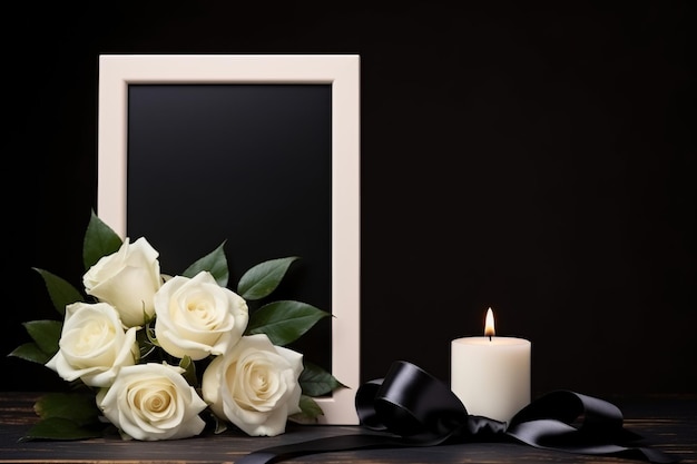 Foto rosas blancas con cinta y marco fotográfico sobre fondo negro concepto funerario