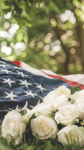 Las rosas blancas descansan contra la bandera un tierno reflejo de los sacrificios recordados cada Día de la Conmemoración