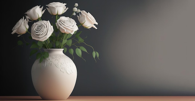 Foto rosas blancas con fondo minimalista en un jarrón con espacios vacíos para copiar texto,