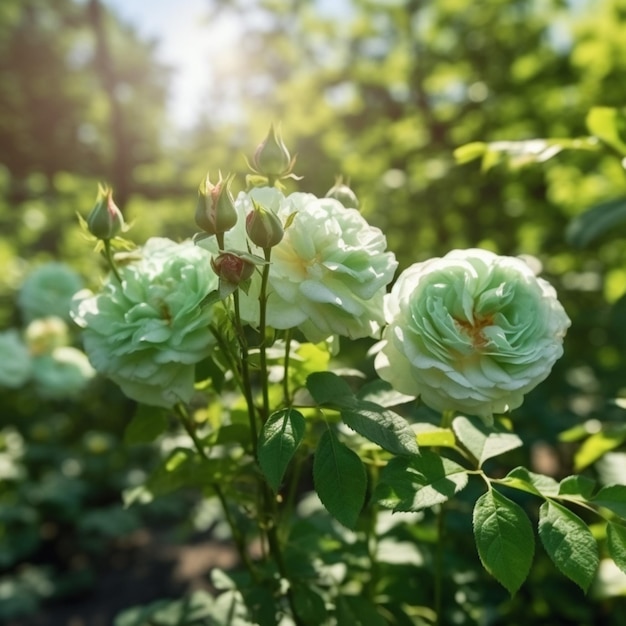 Rosas blancas en un jardín con el sol brillando a través de las hojas.