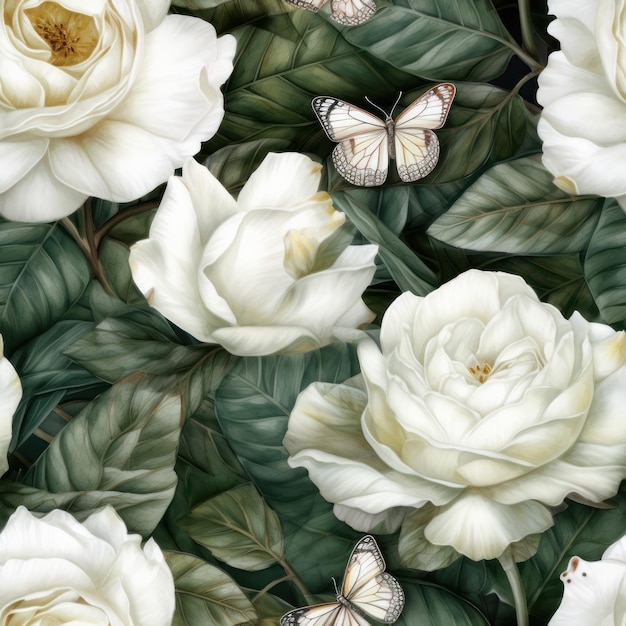 Rosas blancas y mariposas sobre un fondo negro