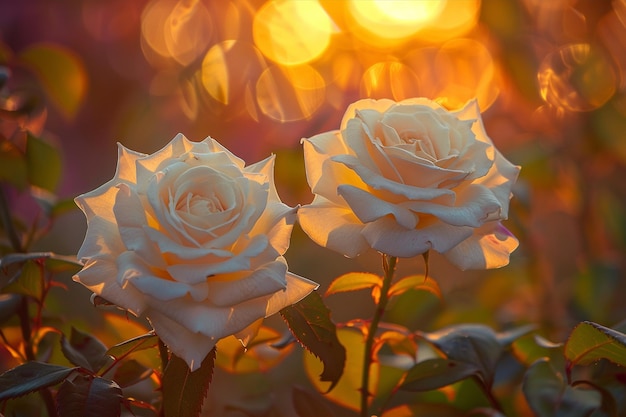 Rosas blancas prístinas bañadas en oro