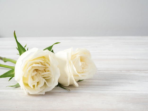 Rosas blancas sobre una mesa de madera blanca.