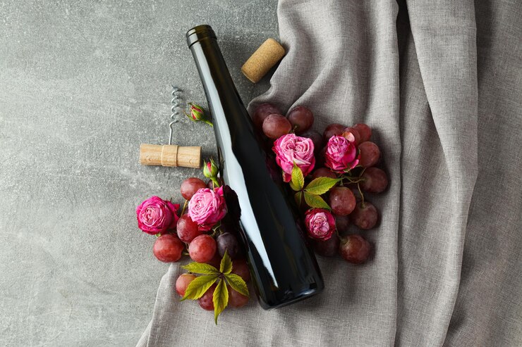 Rosas de botella de vidrio y uvas en la vista superior de fondo gris
