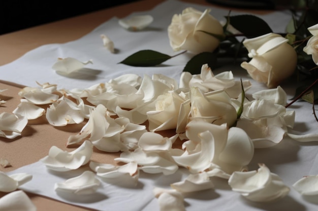 Rosas brancas em um papel branco com fundo preto.