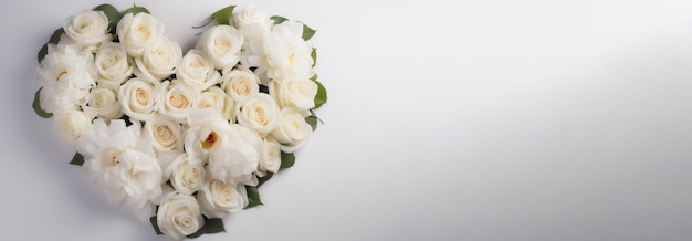 Rosas brancas na forma de um cartão de saudação de coração para o maquete de banner de cabeçalho de dia dos namorados de casamento com espaço de cópia gerado por IA