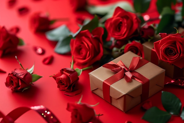 Rosas y cajas de regalos para el día de San Valentín sobre un fondo rojo