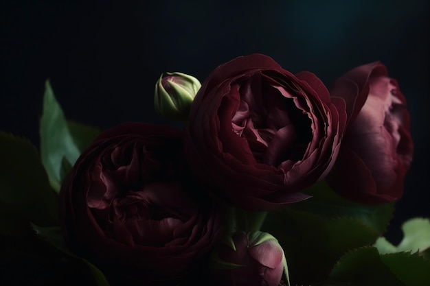 Rosas de color burdeos Fondo romántico de mal humor oscuro Fondo de tarjeta de flores de primer plano Ai generado