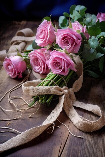 rosas de color rosa pastel Ramo de hermosas flores sobre mesa de madera Concepto de floristería la IA generativa