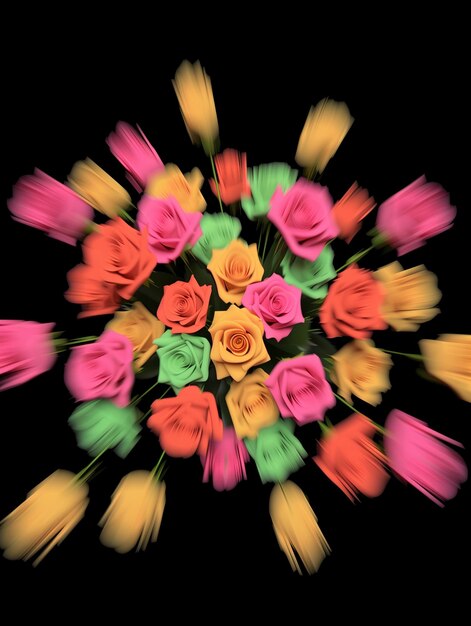 Foto las rosas de colores brillantes están dispuestas en una disposición circular sobre un fondo negro