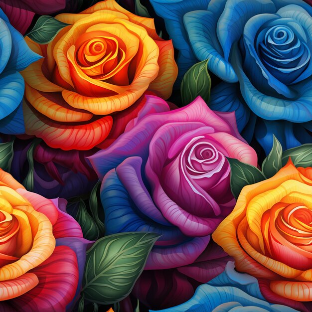 las rosas de colores brillantes están dispuestas en un patrón para hacer un fondo generativo ai