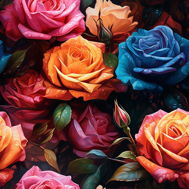 las rosas de colores brillantes están dispuestas en un ramo sobre un fondo negro