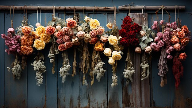 rosas de colores colgando en la pared