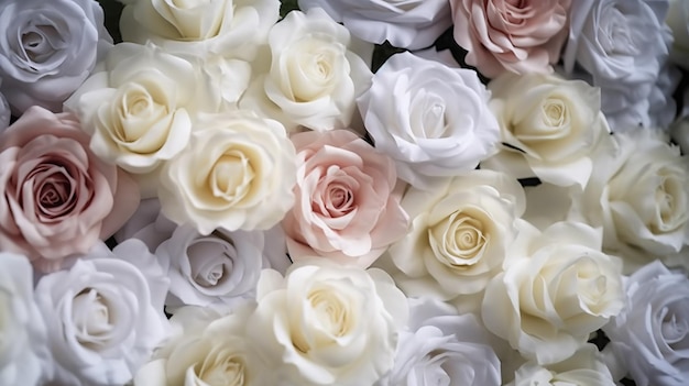 Rosas de colores fondo festivo de la boda vista superior rosas blancas maqueta de bandera de encabezado con espacio de copia