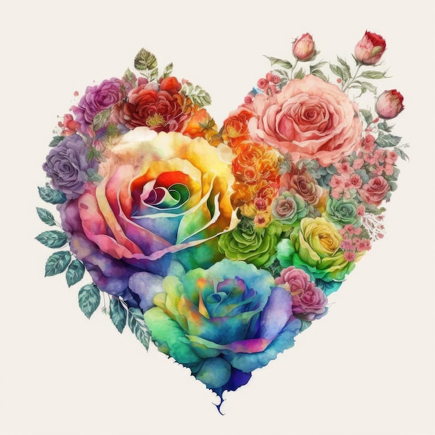 Rosas coloridas en forma de corazón con acuarela en diseño multicolor