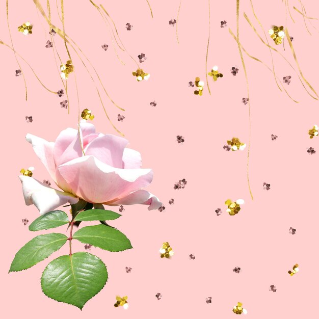 rosas cor de rosa com flores de elementos de confete dourado e fundo de cor pastel símbolo de coração para saudação