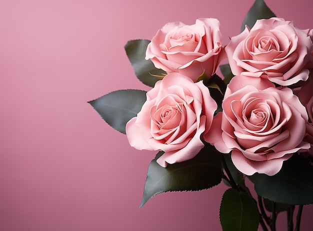 Rosas cor-de-rosa com folhas isoladas sobre um fundo rosa