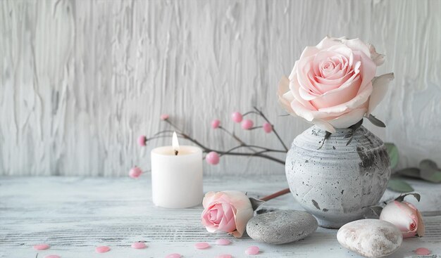 Rosas cor-de-rosa com vela acesa e seixos em mesa de madeira branca em estilo escandinavo