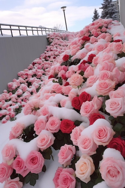 rosas cor de rosa e brancas estão cobertas de neve em um telhado generativo ai