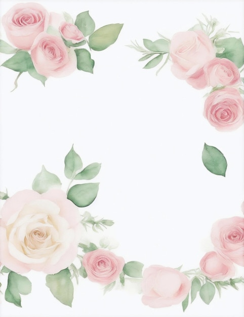 Foto rosas cor de rosa e flores de casamento de hortênsia emolduram estilo aquarela na ilustração de fundo branco