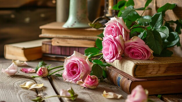 Rosas cor-de-rosa e livros velhos em mesa de madeira elegante generativo Ai