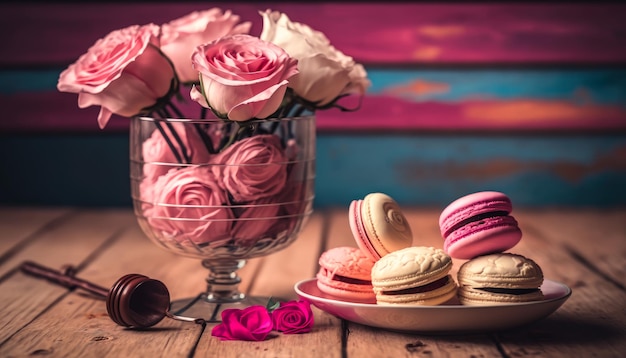 Rosas cor de rosa e macarons em vaso de vidro na mesa de madeira Generative AI