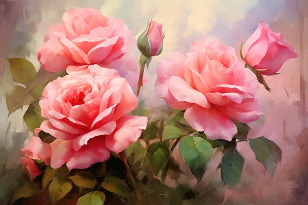 rosas cor-de-rosa em estilo de aquarela pintura em lona fundo de flores pintura a óleo digital de belas rosas rosas AI gerado