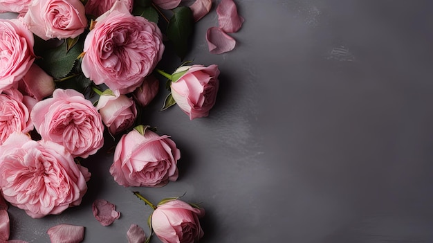 Rosas cor de rosa em um fundo cinza com espaço de cópia gerado ai