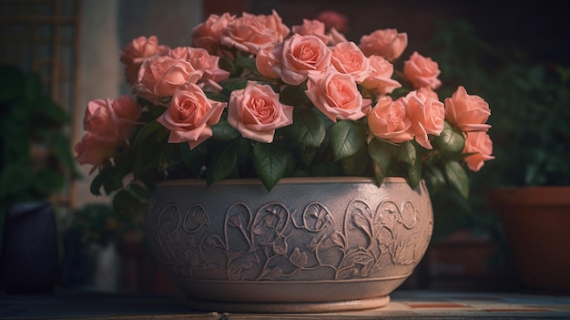 Rosas cor de rosa em um vaso no peitoril da janela generativo ai