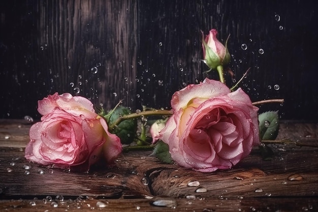 Rosas cor de rosa em uma mesa de madeira com gotas de água